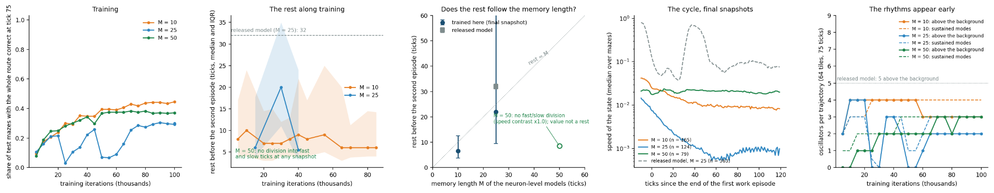 Memory length.
(a) Share of test mazes with the whole route correct at tick 75 along training.
(b) The rest before the second episode along training (median and inter-quartile range) for the networks in which fast and slow ticks separate; the dashed line is the released network; the MMM = 25 network