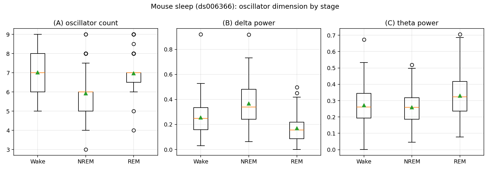 Cross-species validation in mouse sleep. Mouse sleep EEG reproduces the human sleep-dimensionality pattern. BOID is lowest in non-REM sleep, whereas wakefulness and REM occupy higher-dimensional regimes. Delta power peaks in non-REM and theta power peaks in REM, supporting the physiological identification of the otherwise undocumented sleep-stage codes.